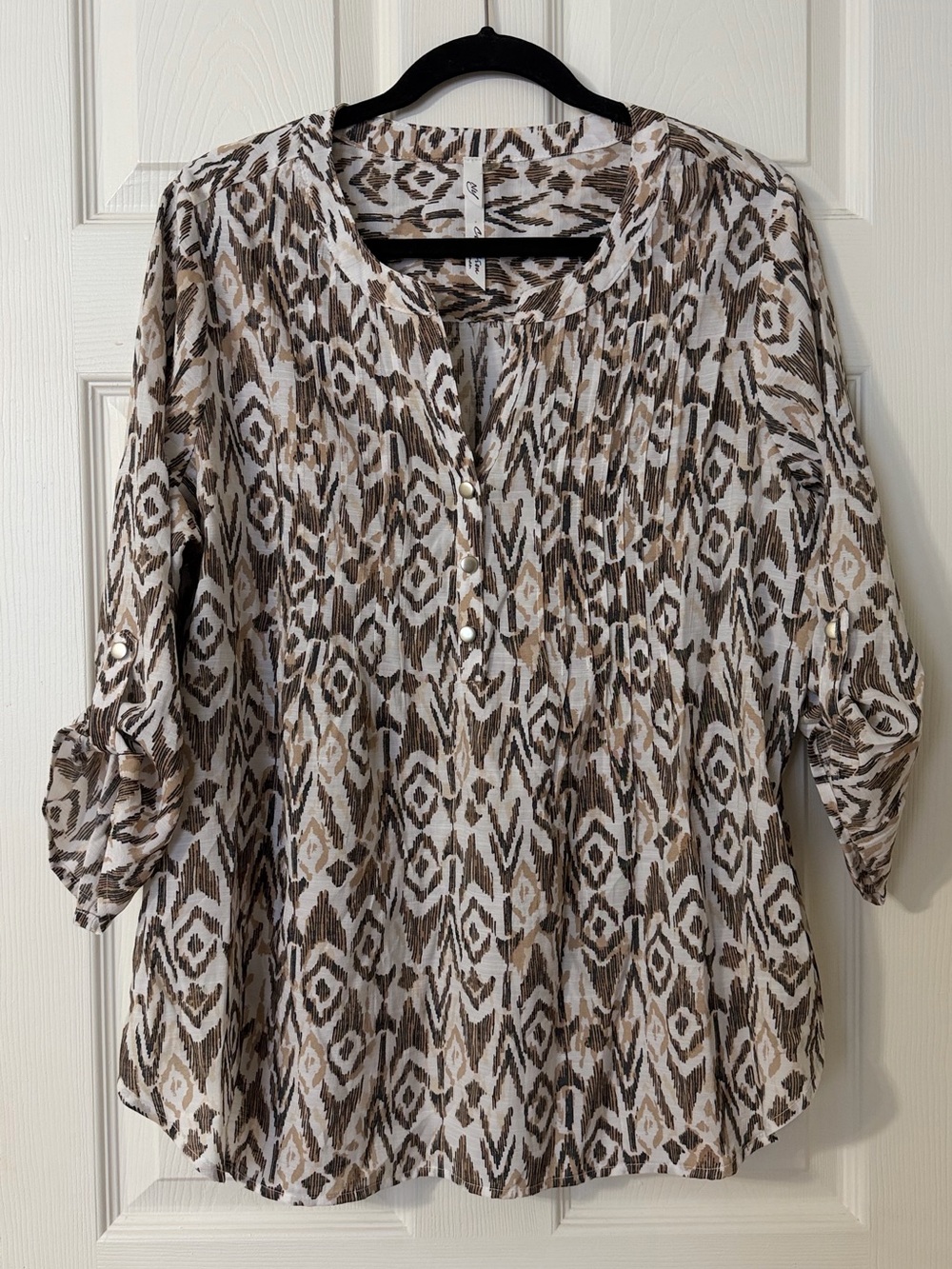 NY Collection Brown and Beige Ikat Henley Blouse